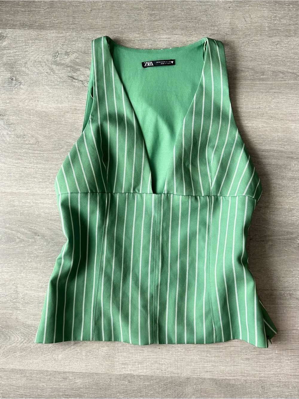 Zara Green Striped V-Neck Sleeveless Top with side zipper